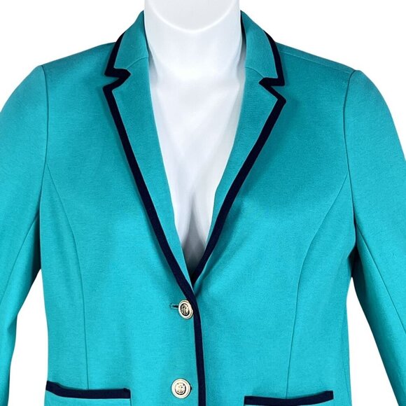 Talbots Aberdeen Womens 10 Teal Blazer Navy Trim Gold Crest Buttons Yacht Jacket - Picture 8 of 16